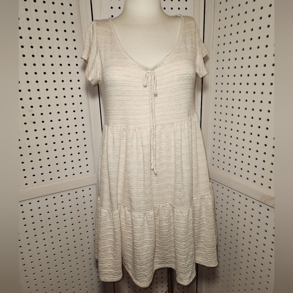 See You Monday Cream Beige Mini Dress Short Sleeve Tie Neck Large - Picture 8 of 9